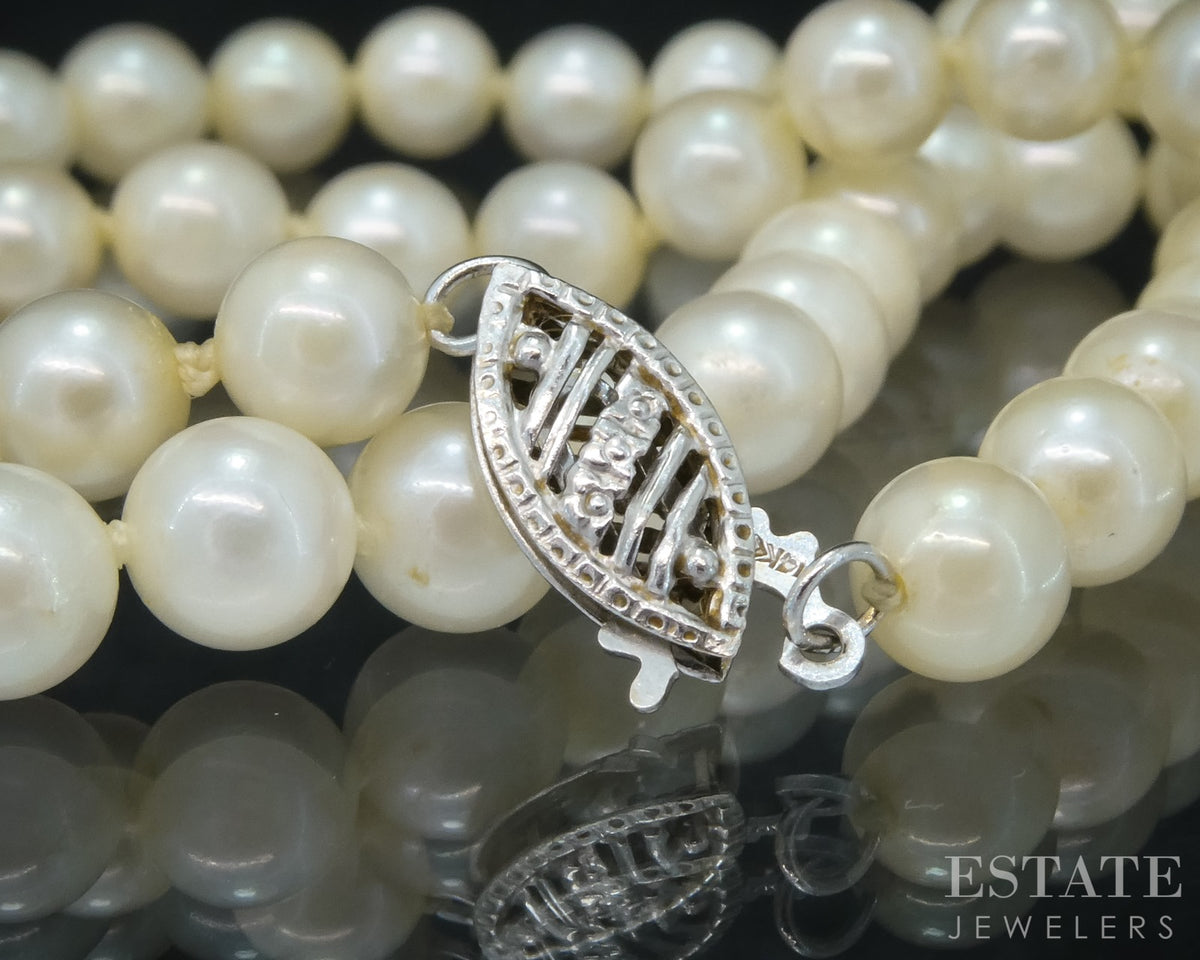 Vintage 14k White Gold 5.3mm Cultured Akoya Pearl Necklace 15"L p31564
