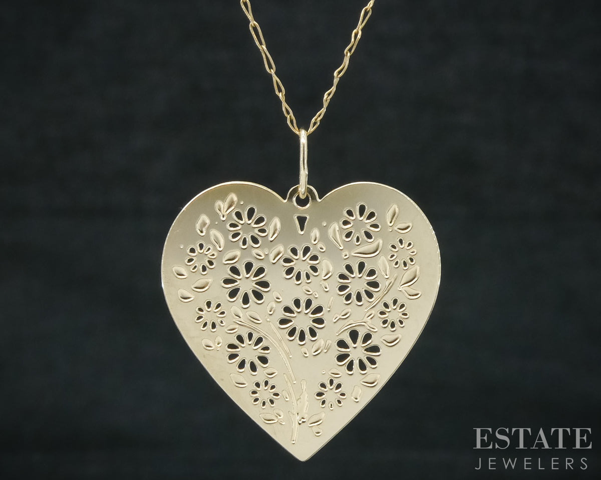 14k Yellow Gold Cut Out Flower Heart Charm Ladies Necklace 1.2g 18"L p31544