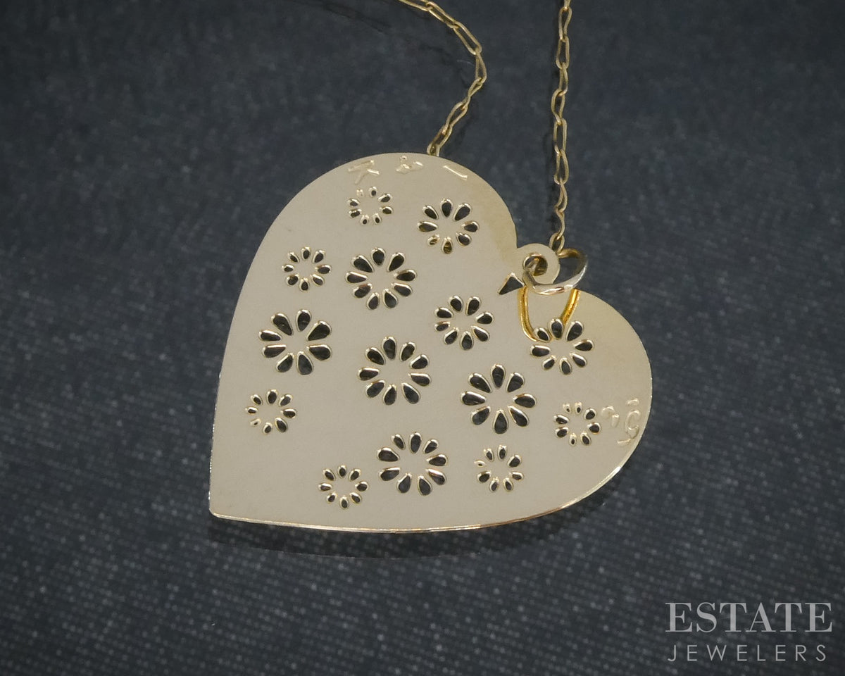 14k Yellow Gold Cut Out Flower Heart Charm Ladies Necklace 1.2g 18"L p31544