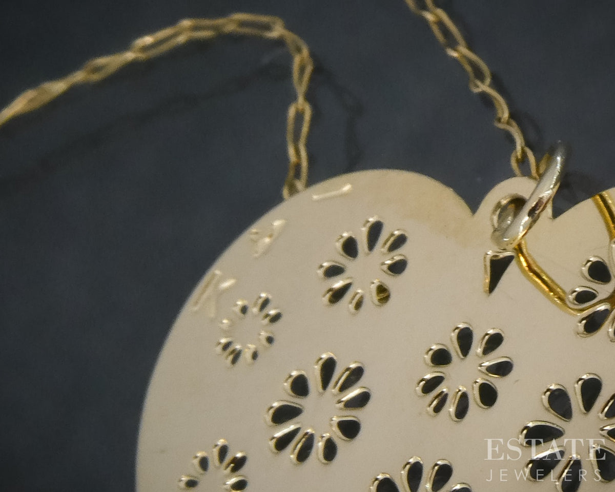14k Yellow Gold Cut Out Flower Heart Charm Ladies Necklace 1.2g 18"L p31544