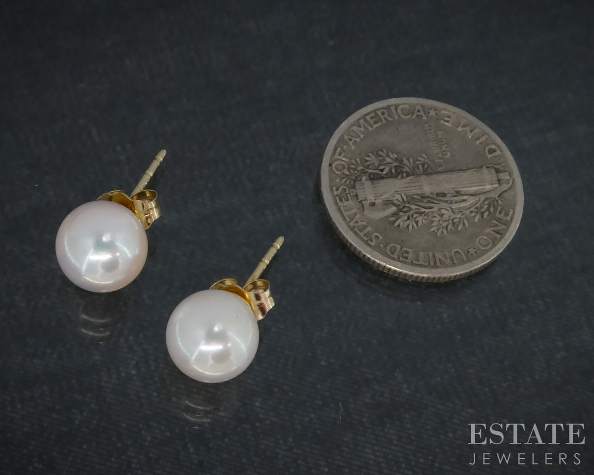 14k Yellow Gold 7.1mm Akoya Pearl Stud Ladies Earrings p31563