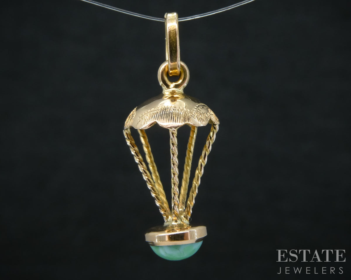 Vintage 14k Yellow Gold Dimensional Parachute Green Stone Charm 1.6g p31545