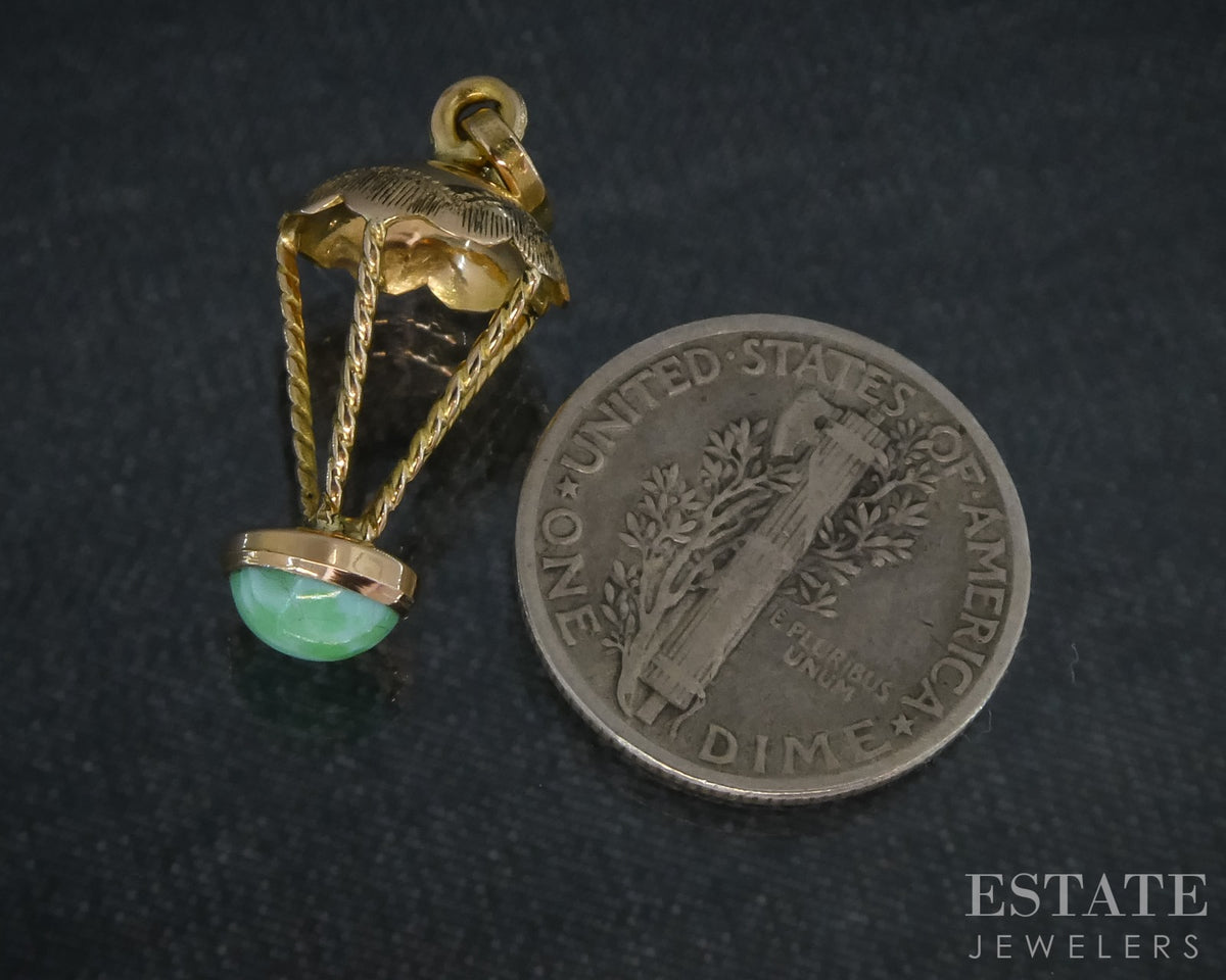 Vintage 14k Yellow Gold Dimensional Parachute Green Stone Charm 1.6g p31545