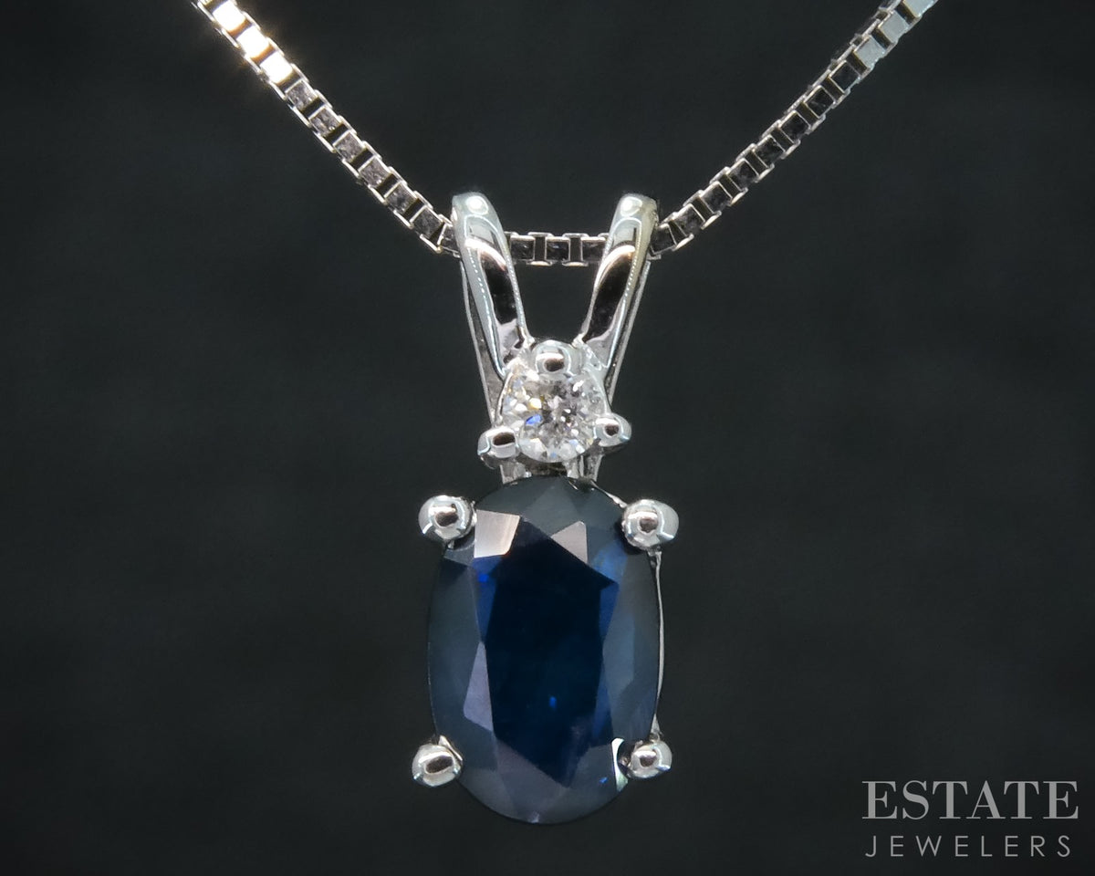 14k White Gold Natural Blue Sapphire & Diamond Necklace 1.4g 18"L p31554