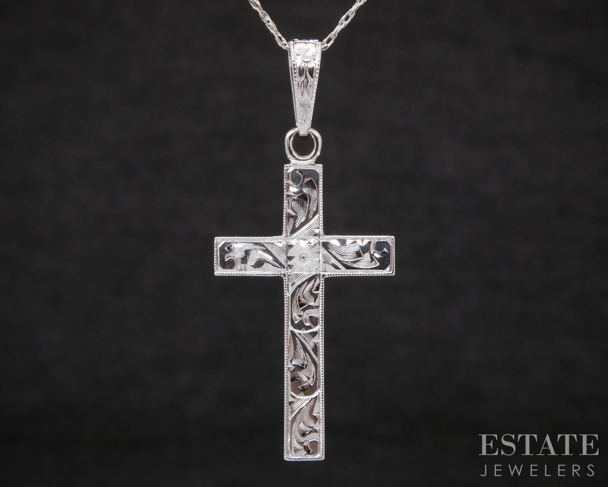 Vintage 14k White Gold Engraved Cross Charm Ladies Necklace 2.3g 21"L p31723