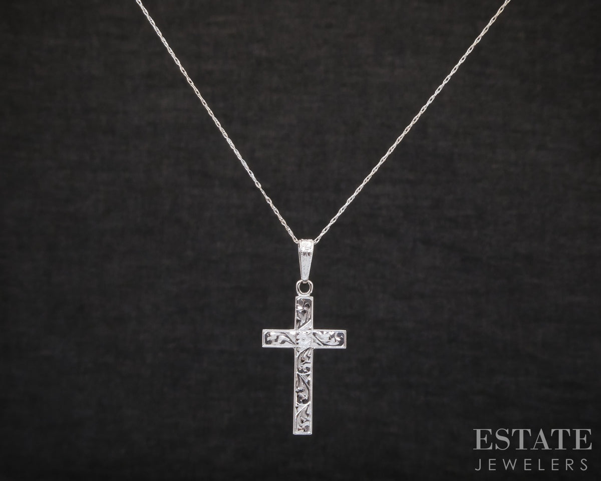 Vintage 14k White Gold Engraved Cross Charm Ladies Necklace 2.3g 21"L p31723