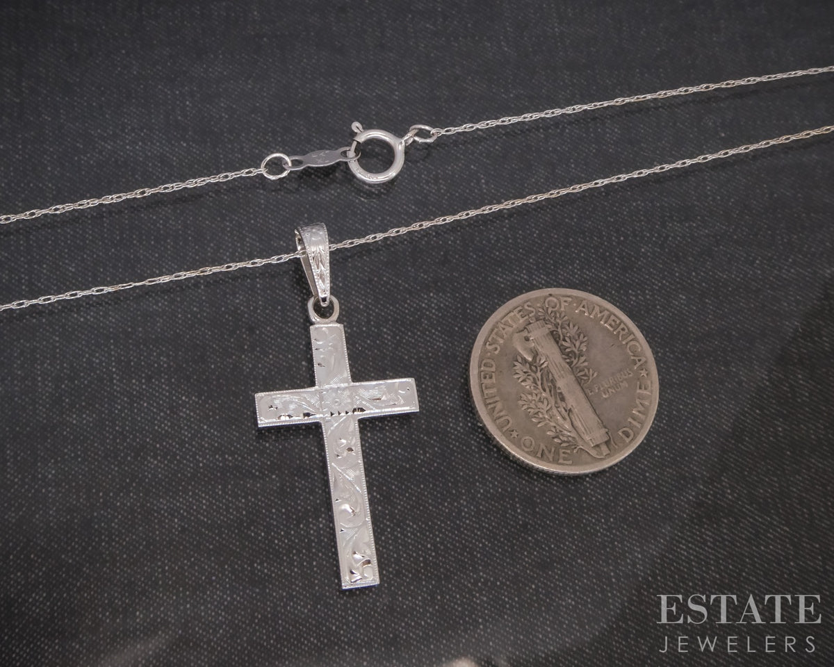 Vintage 14k White Gold Engraved Cross Charm Ladies Necklace 2.3g 21"L p31723