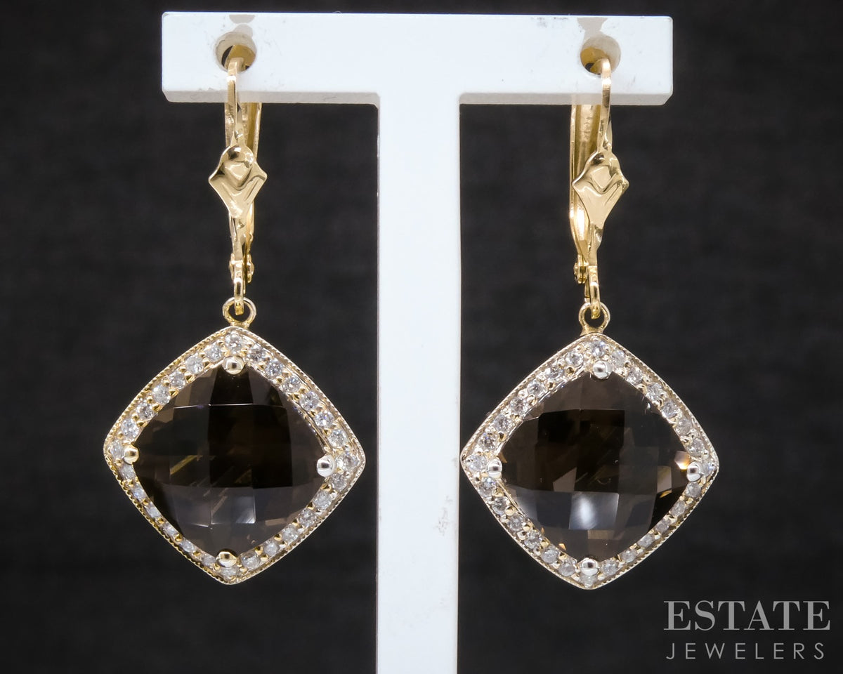 14k Yellow Gold Natural Smoky Quartz & Diamond Dangle Earrings 5.8g p31878