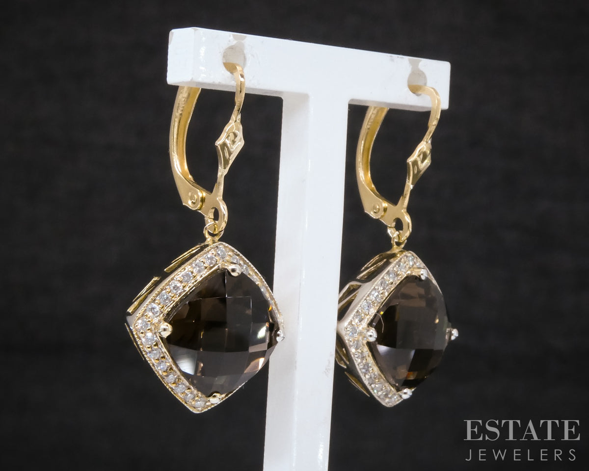 14k Yellow Gold Natural Smoky Quartz & Diamond Dangle Earrings 5.8g p31878