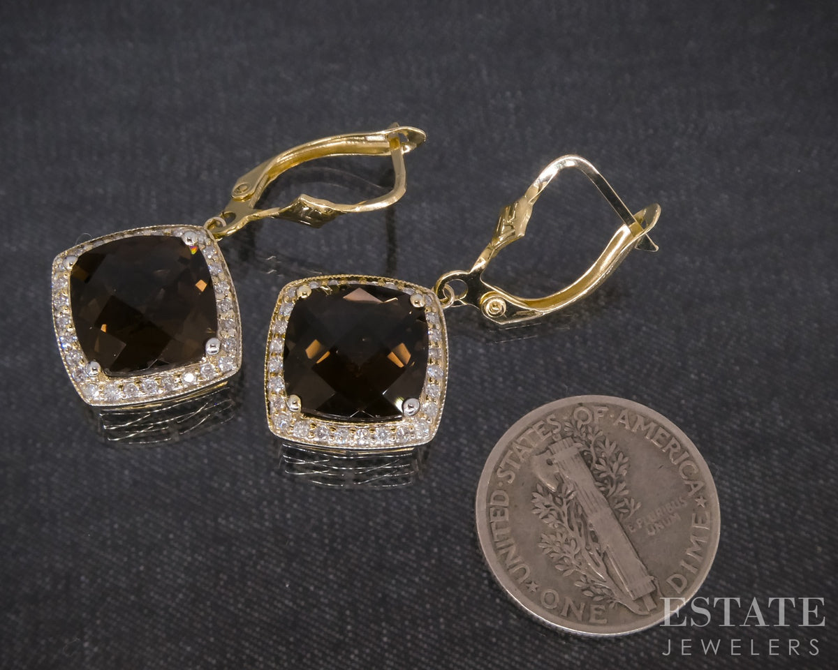 14k Yellow Gold Natural Smoky Quartz & Diamond Dangle Earrings 5.8g p31878
