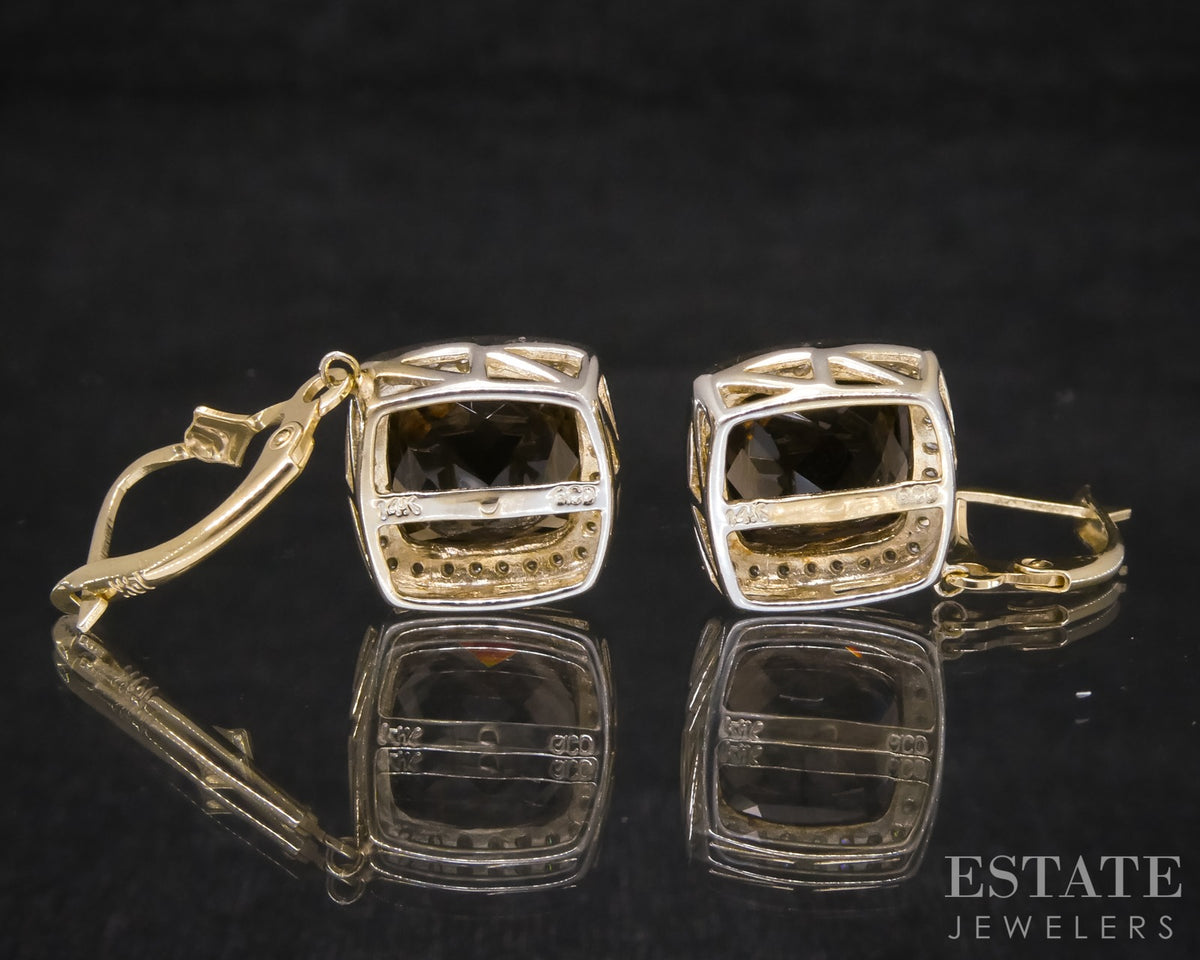 14k Yellow Gold Natural Smoky Quartz & Diamond Dangle Earrings 5.8g p31878