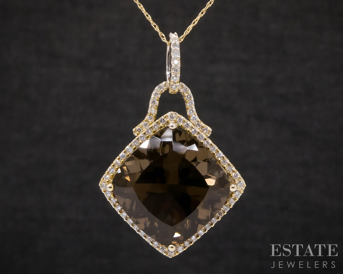 14k Yellow Gold Natural Smoky Quartz & Diamond Ladies Necklace 7g 20"L p31879