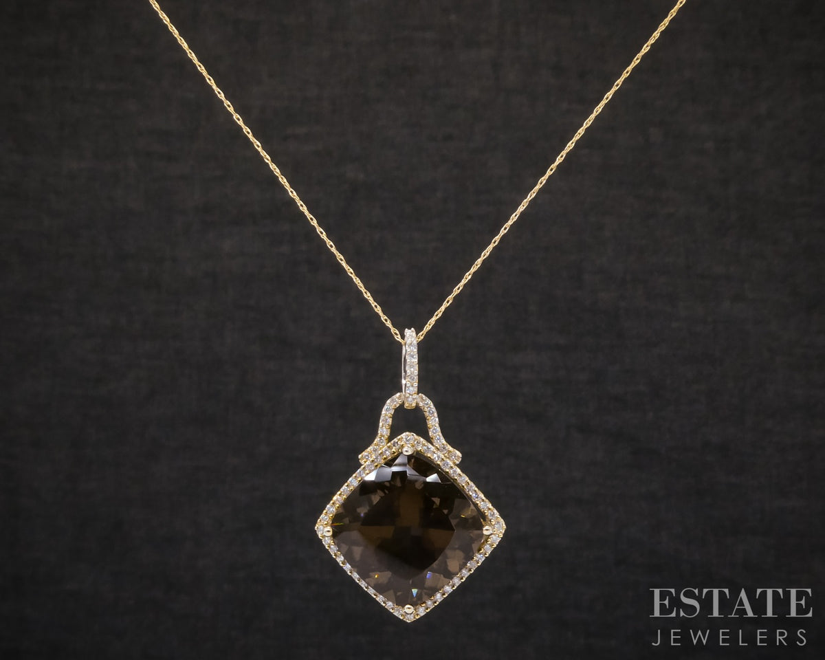 14k Yellow Gold Natural Smoky Quartz & Diamond Ladies Necklace 7g 20"L p31879