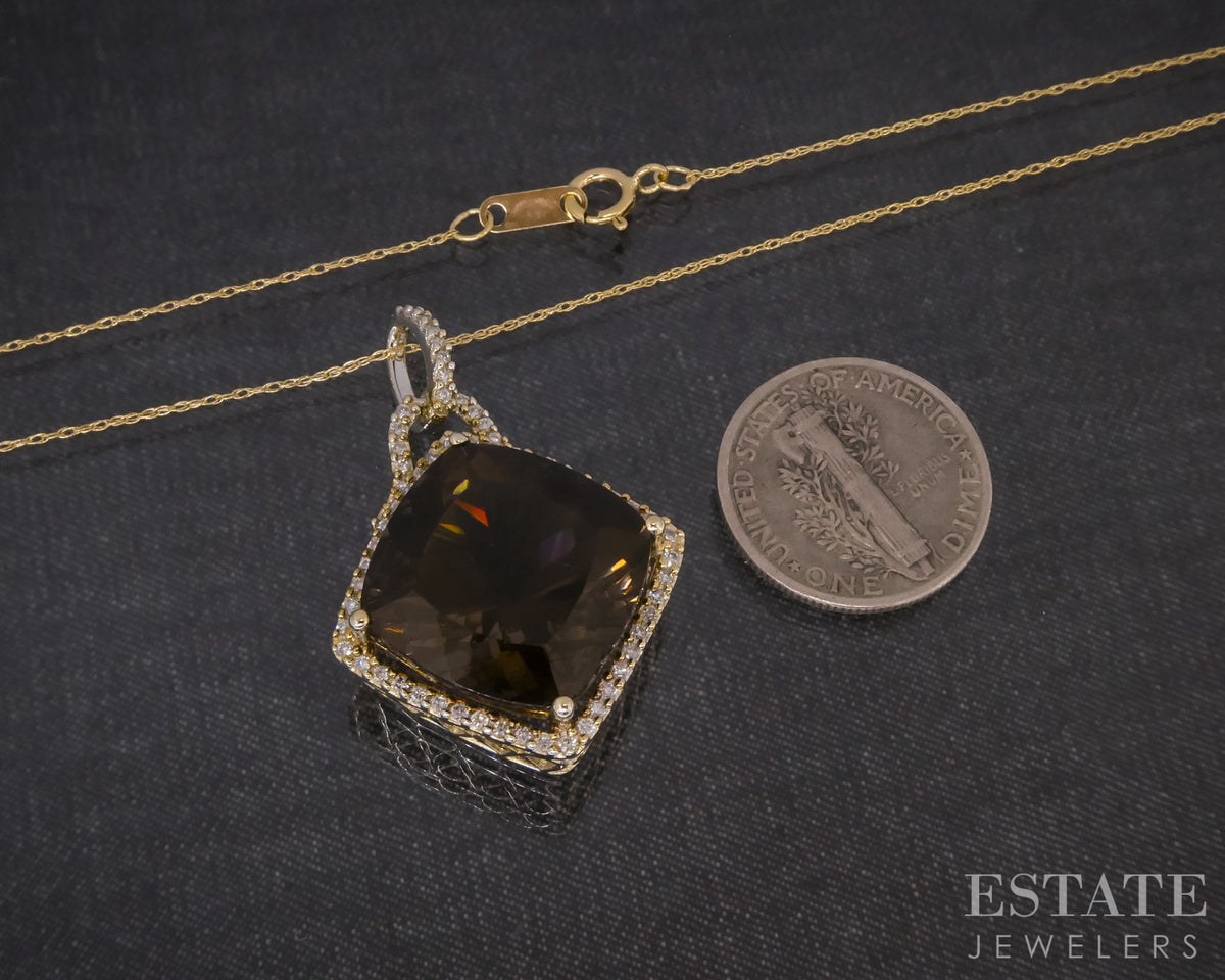 14k Yellow Gold Natural Smoky Quartz & Diamond Ladies Necklace 7g 20"L p31879
