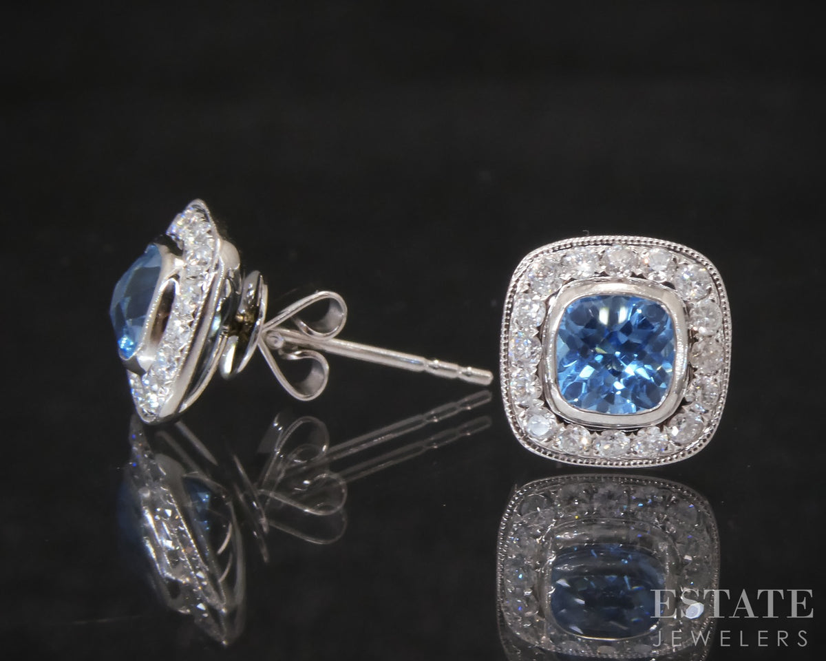 14k White Gold Natural Blue Topaz & Diamond Stud Earrings 2.2g p29211
