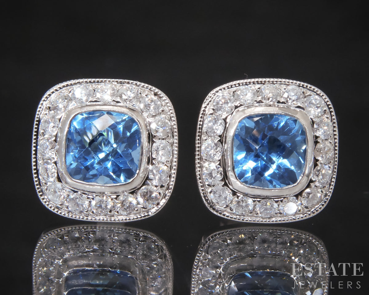 14k White Gold Natural Blue Topaz & Diamond Stud Earrings 2.2g p29211