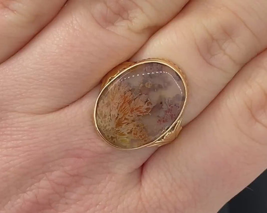 Antique Victorian 10k Yellow Gold Natural Dendritic Agate Ladies Ring 3g i18948