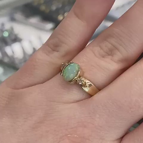 14k Yellow Gold Oval Natural Opal & Diamond Ladies Ring 3.2g i18632