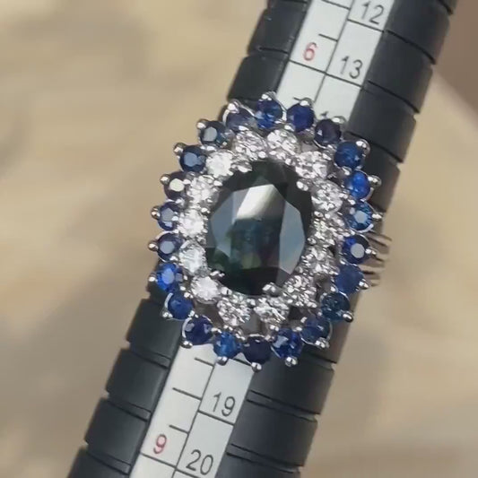 14k White Gold Oval Natural Blue Sapphire & Diamond Ballerina Ring 10.2g i15380