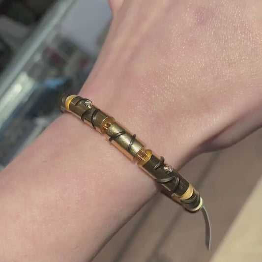 14k Yellow Gold Black Onyx & Diamond Barrel Artisan Bracelet 27.9g 7"L i17777