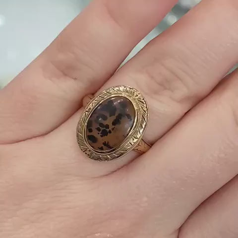 Antique Victorian 10k Yellow Gold Natural Spotted Moss Agate Ring 3.8g i18638