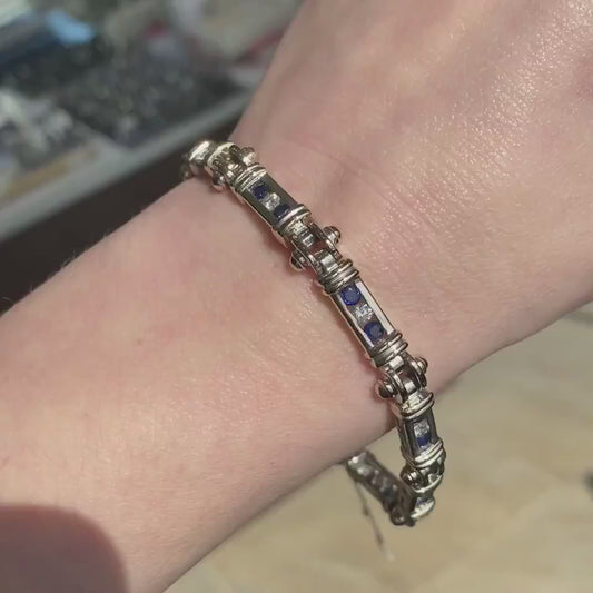 18k White Gold Natural Blue Sapphire & Diamond Tennis Bracelet 29g 7.5"L i16366
