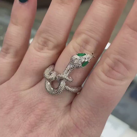 18k White Gold Natural Diamond & Emerald Snake Coiled Ladies Ring 13.6g i15996